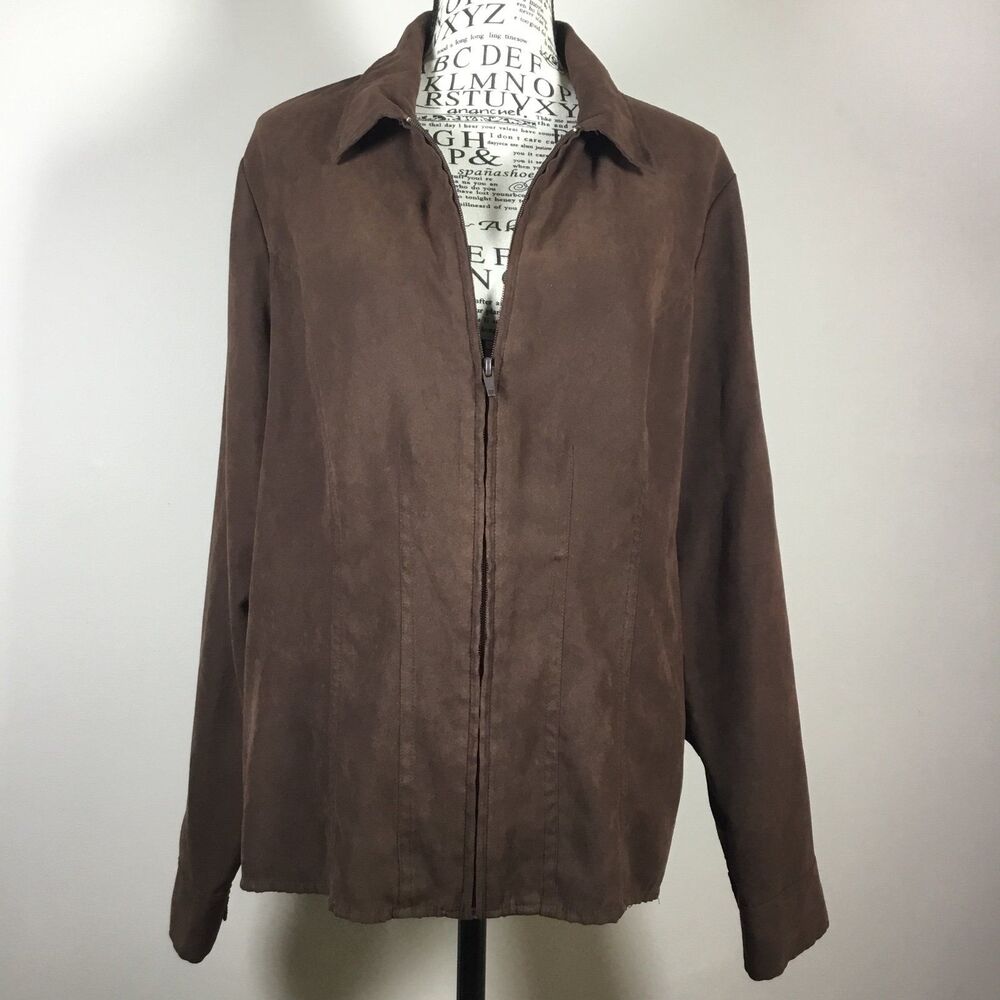 Faux suede brown zip up shaket jacket with collar vintage 90s 1990s vegan